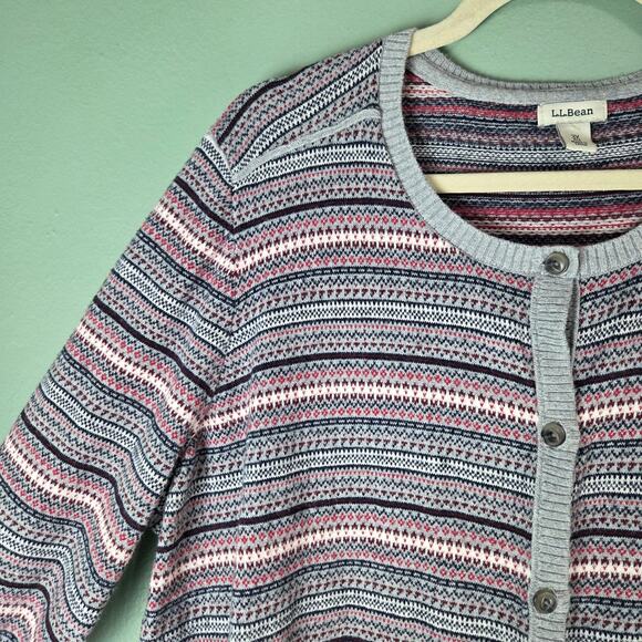 LL Bean Womens Cardigan Sweater 3X Fair Isle Nordic Gray Holiday Cashmere Blend - Picture 4 of 6